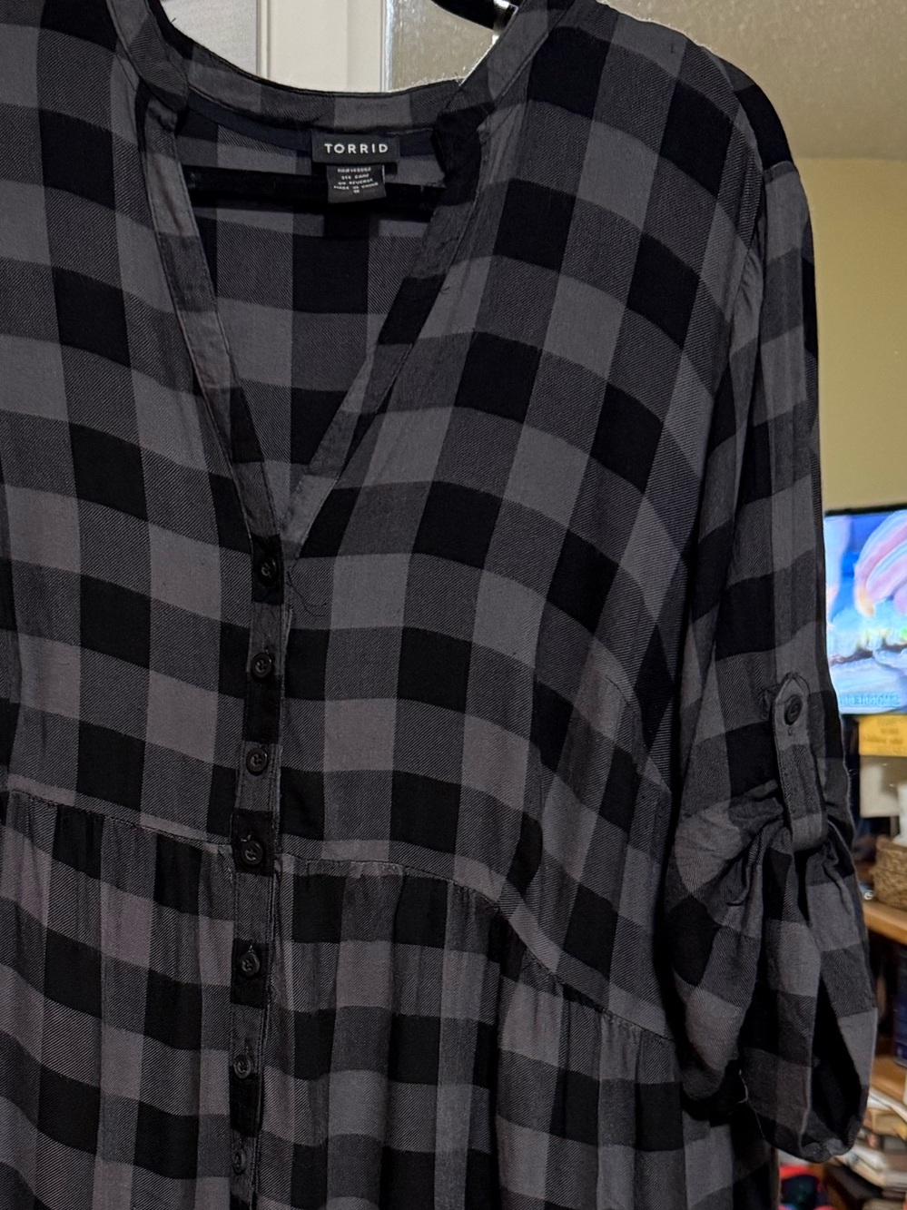 Torrid Tunic Shirt Dress Charcoal and black Plaid High-Low Tiered Size Lg - Picture 2 of 6